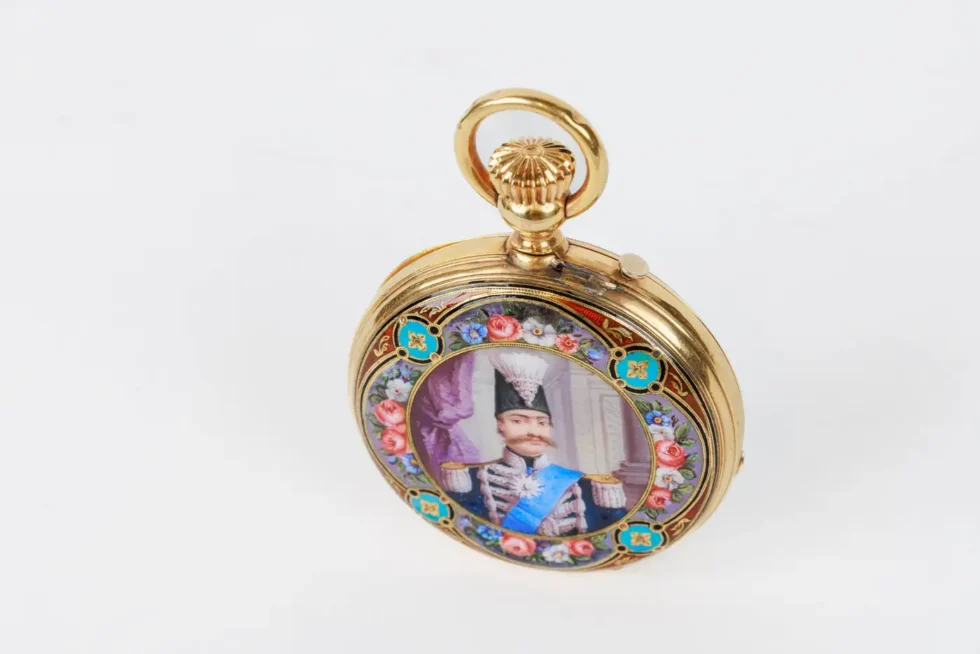 Rare Gold and Enamel Presentation Pocket Watch with Portrait of Naser Shah - Image 11