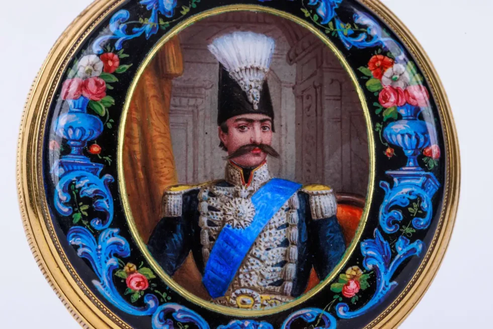 Rare Gold and Enamel Presentation Pocket Watch with Portrait of Naser Shah - Image 4