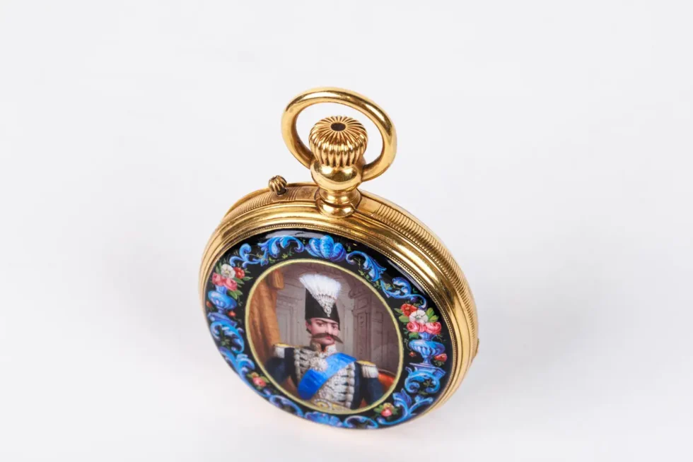 Rare Gold and Enamel Presentation Pocket Watch with Portrait of Naser Shah - Image 6