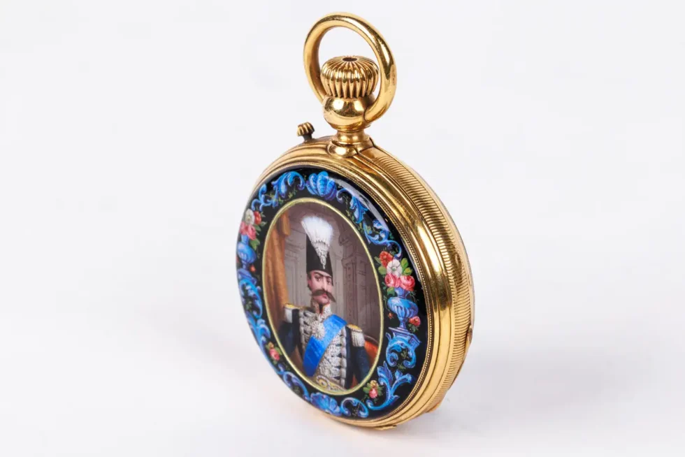 Rare Gold and Enamel Presentation Pocket Watch with Portrait of Naser Shah - Image 7