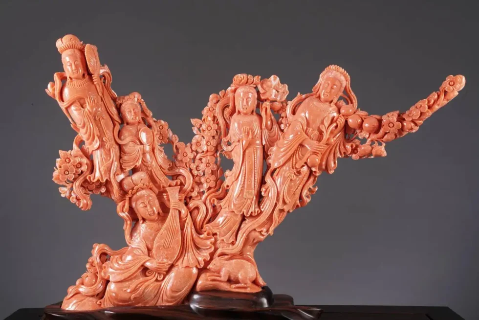 Exceptional Large Chinese Carved Coral Figural Group Statue of Female Immortals - Image 2