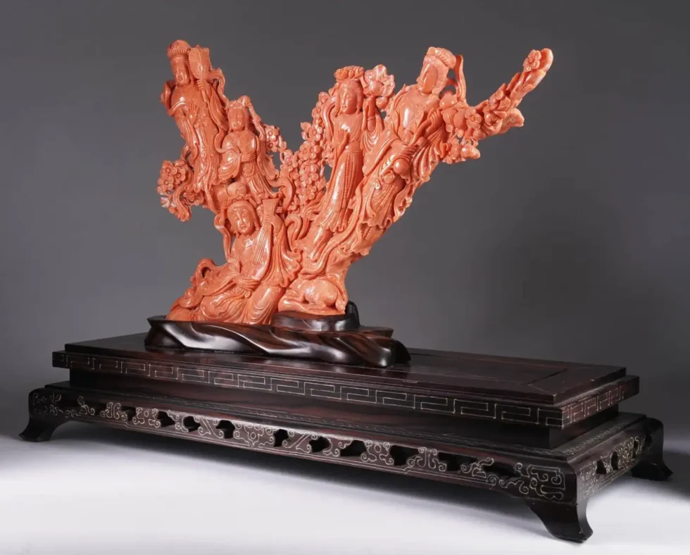 Exceptional Large Chinese Carved Coral Figural Group Statue of Female Immortals - Image 3