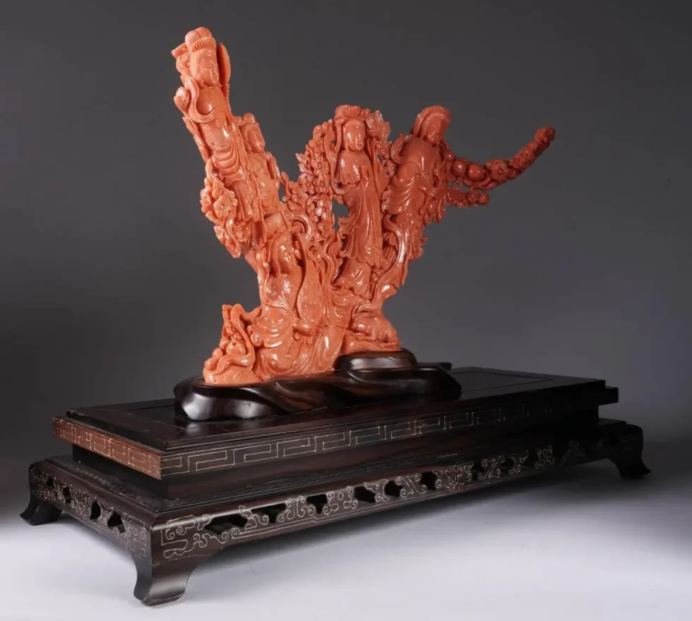 Exceptional Large Chinese Carved Coral Figural Group Statue of Female Immortals - Image 8