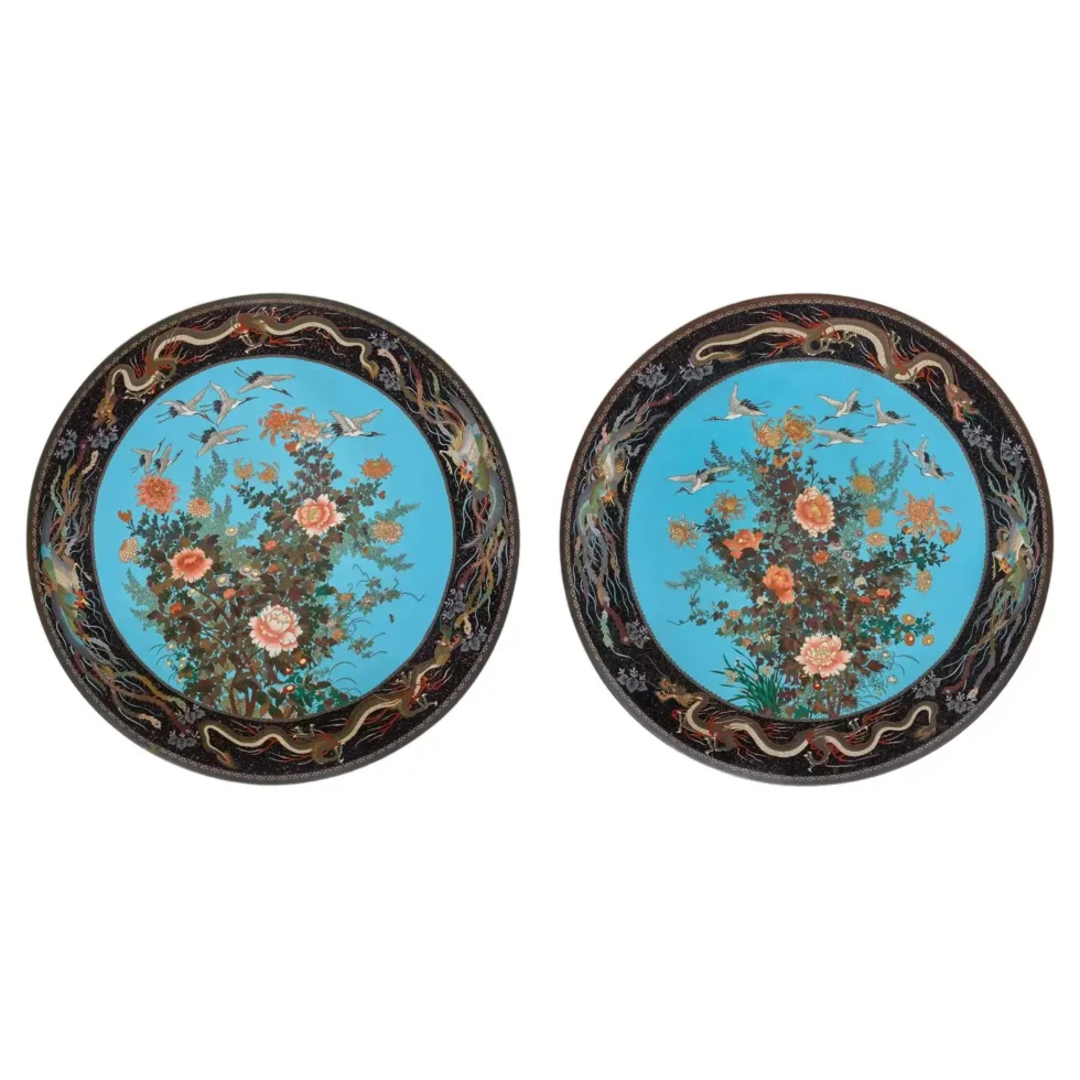 A Massive Museum Pair of Meiji Period Japanese Cloisonne Enamel Chargers Plates
