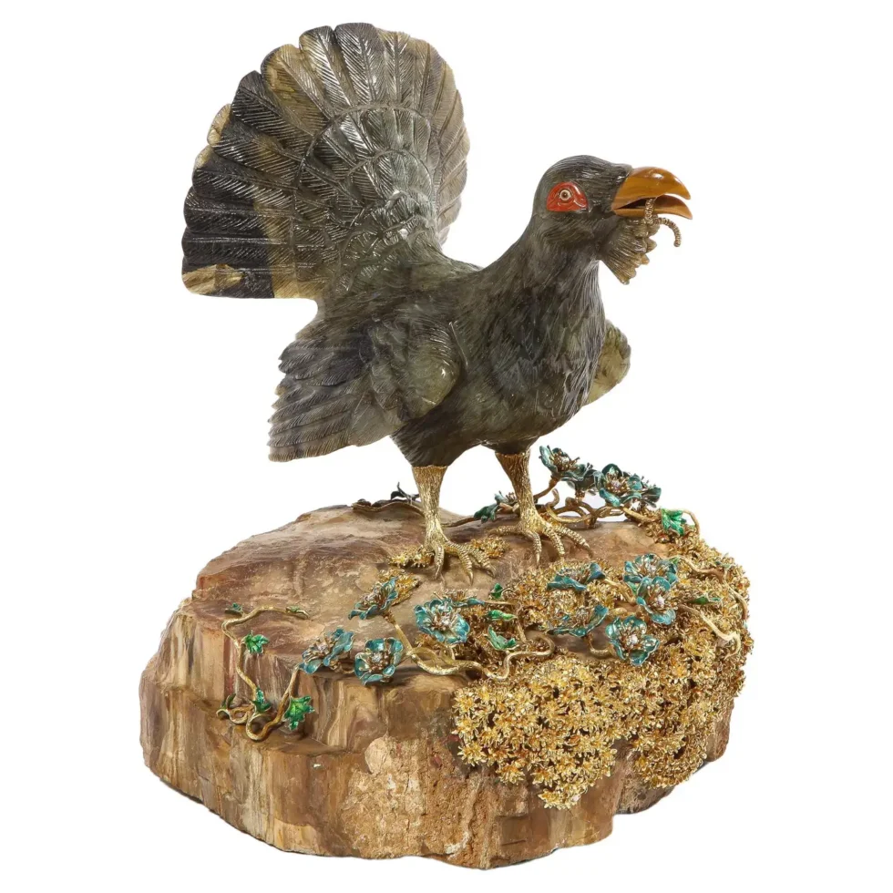 Rare 18K Gold, Enamel and Diamond Mounted Carved Labradorite Turkey Bird - Image 2
