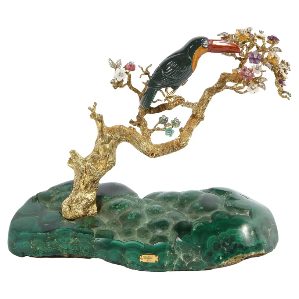 18K Gold, Diamonds, Amethyst, Tourmaline, Bloodstone, and Jasper Toucan Bird