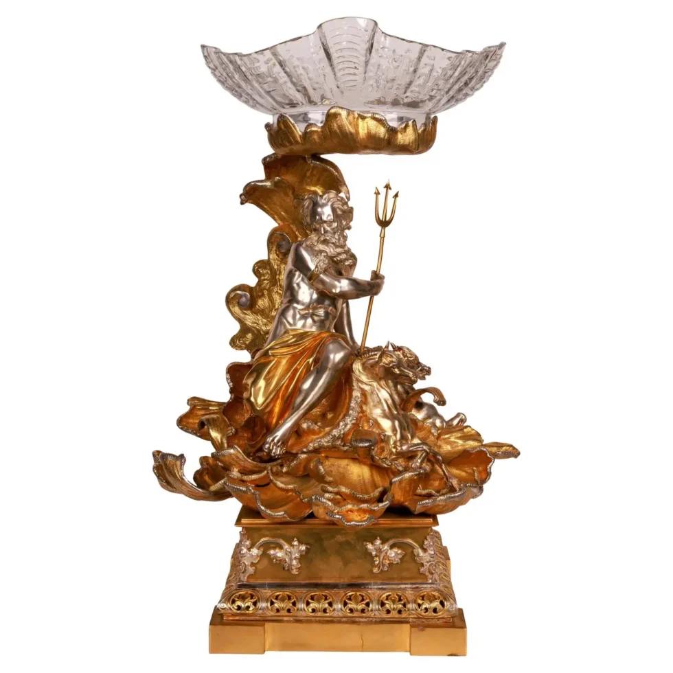 Monumental Silvered and Gilt-Bronze Glass Centerpiece of "Poseidon"