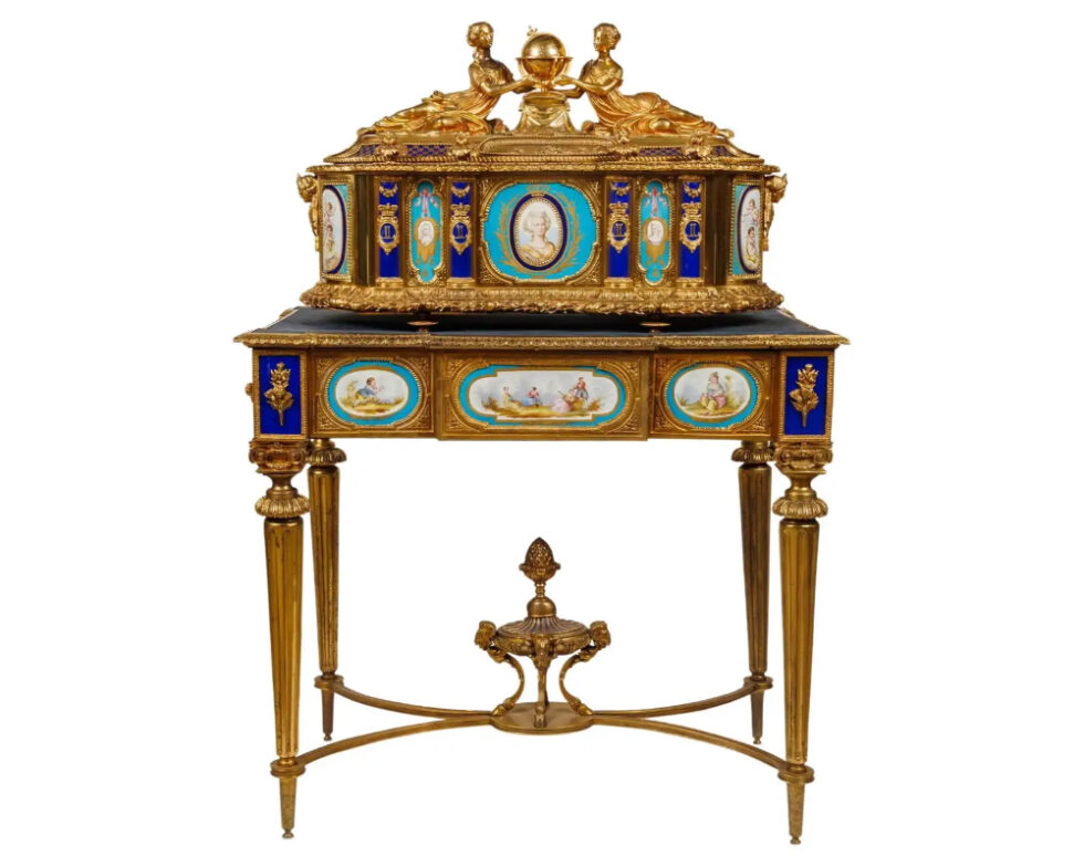 Rare Important French Ormolu Sevres Style Porcelain Jewelry Box on Bronze Table