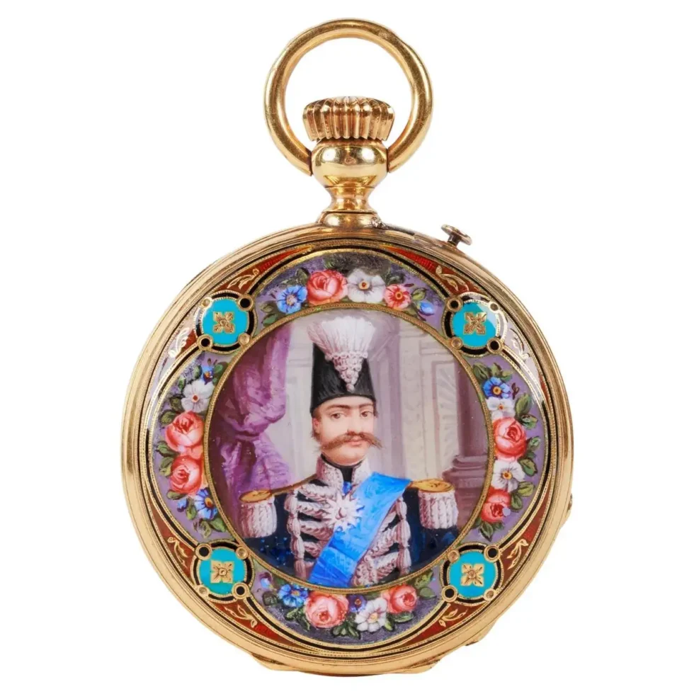 Rare Gold and Enamel Presentation Pocket Watch with Portrait of Naser Shah