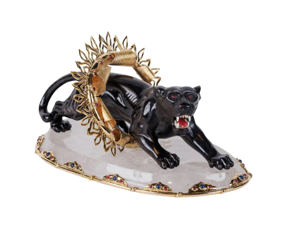 Alexandre Reza, Rare Obsidian, Silver-Gilt, and Rock Crystal Circus Panther