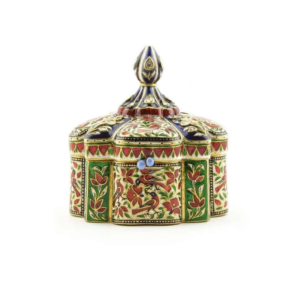 Exquisite and Large Indian 22K Gold, Enamel, and Diamond Snuff Box, Jaipur - Image 3