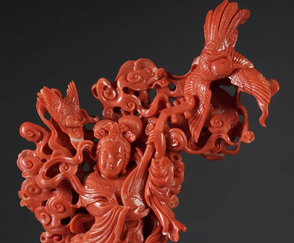 Exceptional Chinese Carved Coral Figural Group of a Guanyin Kwan Yin Phoenix - Image 14