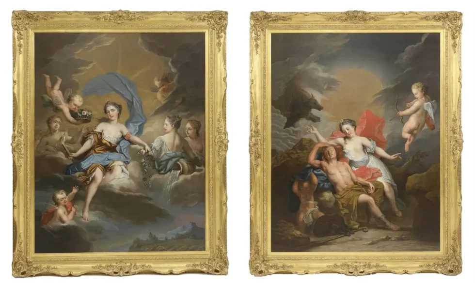Jacques-Francois Delyen A Magnificent Pair of French Royal Paintings "Aurora and Diana" "Night and Day" 1752