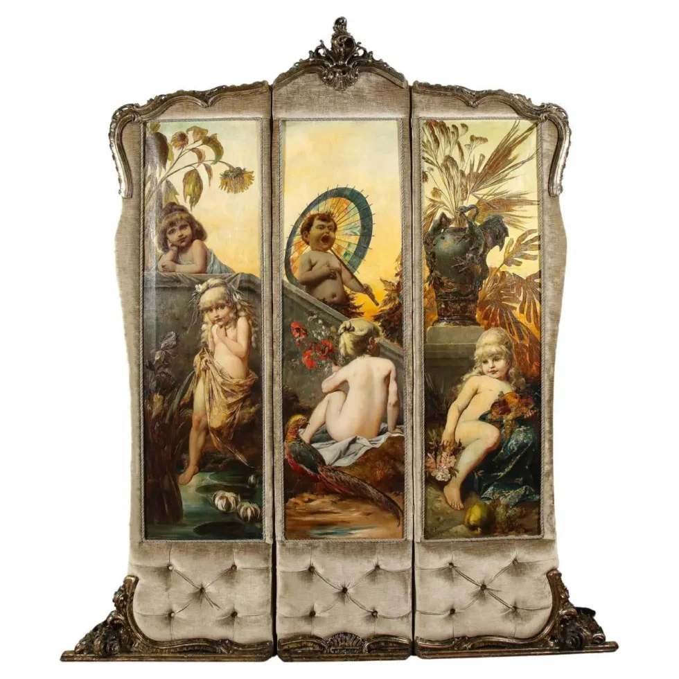 Palatial and Opulent Belle Epoque Giltwood & Oil on Canvas Three-Panel Screen