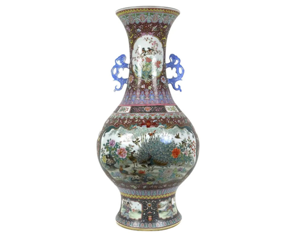 Monumental Chinese Famille Rose Porcelain "Peacock" Palace Vase