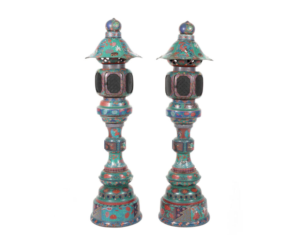 Large Pair of Japanese Cloisonne Enamel Lanterns Attributed to Kaji Tsunekichi