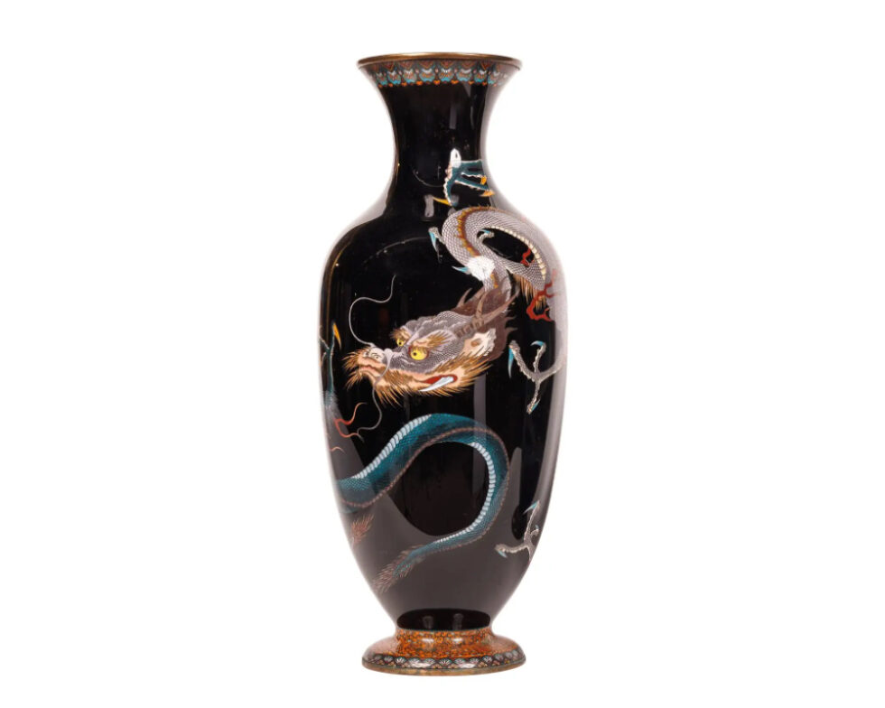 Large Pair of Meiji Period Japanese Cloisonne Enamel Double Dragon Vases - Image 2