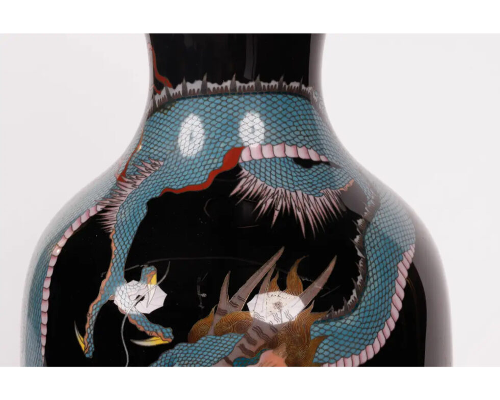Large Pair of Meiji Period Japanese Cloisonne Enamel Double Dragon Vases - Image 6