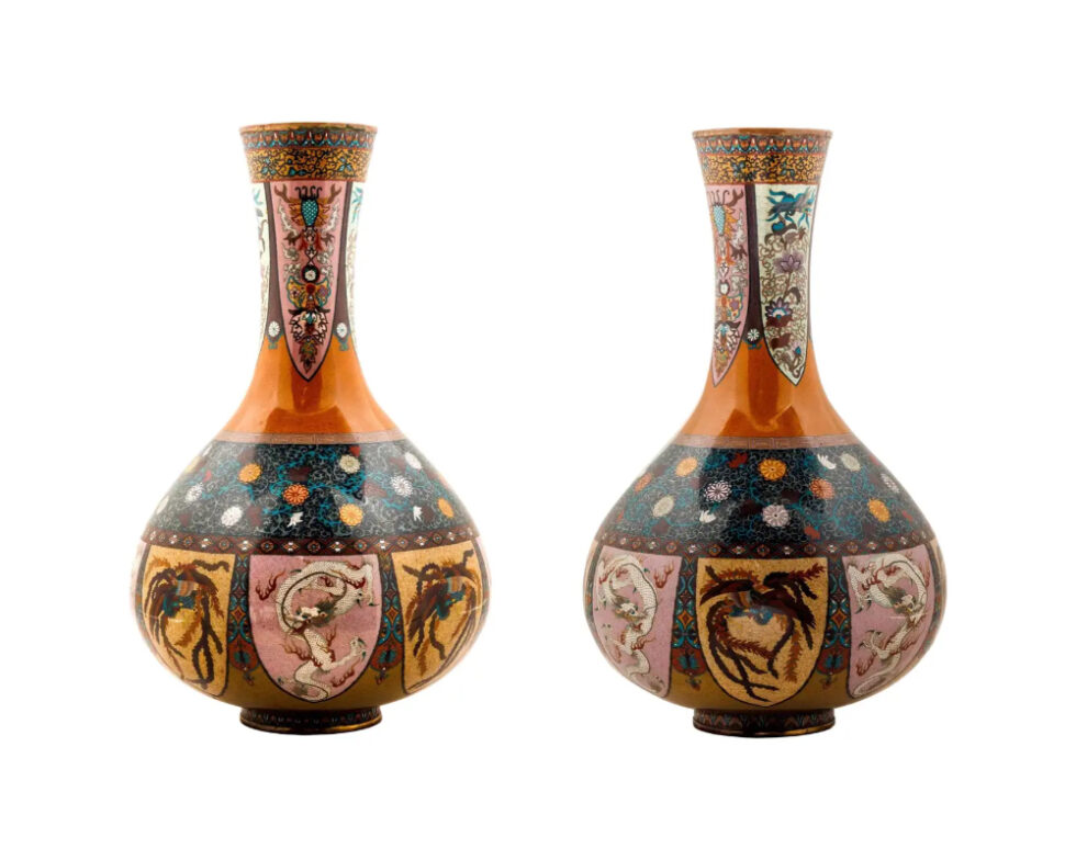 Large Pair of Japanese Cloisonne Enamel Vases Attributed to Honda Yasaburo