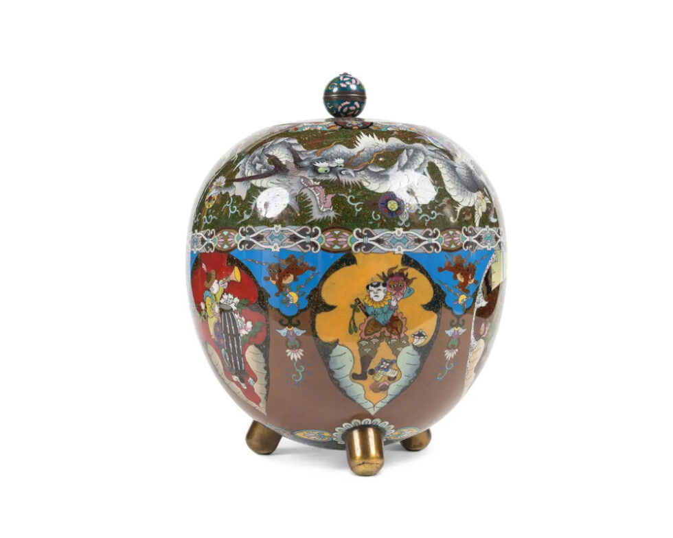 Majestic Japanese Cloisonne Enamel Covered Jar with Dragons, Theater Characters - Image 2
