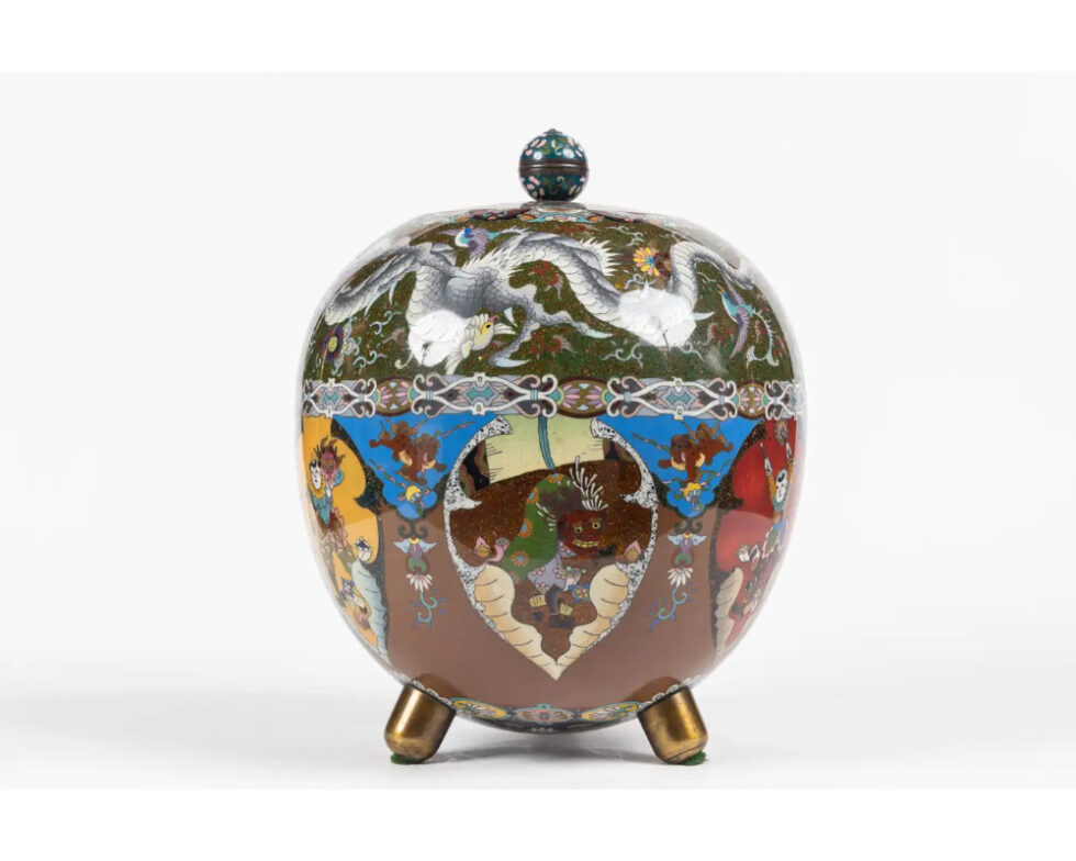 Majestic Japanese Cloisonne Enamel Covered Jar with Dragons, Theater Characters - Image 3
