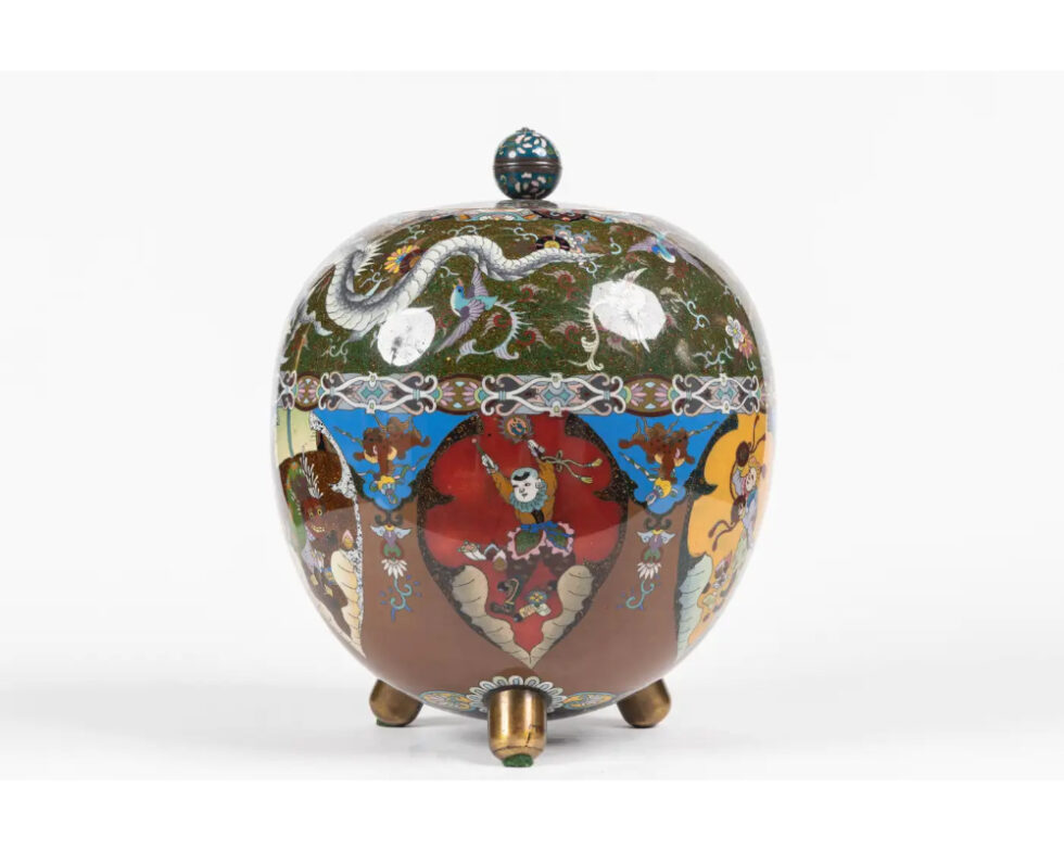 Majestic Japanese Cloisonne Enamel Covered Jar with Dragons, Theater Characters - Image 4