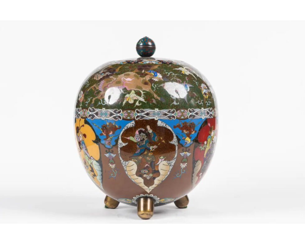 Majestic Japanese Cloisonne Enamel Covered Jar with Dragons, Theater Characters - Image 5
