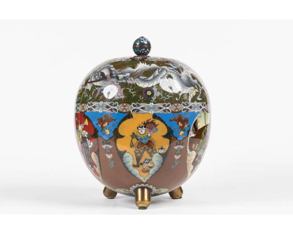 Majestic Japanese Cloisonne Enamel Covered Jar with Dragons, Theater Characters - Image 6