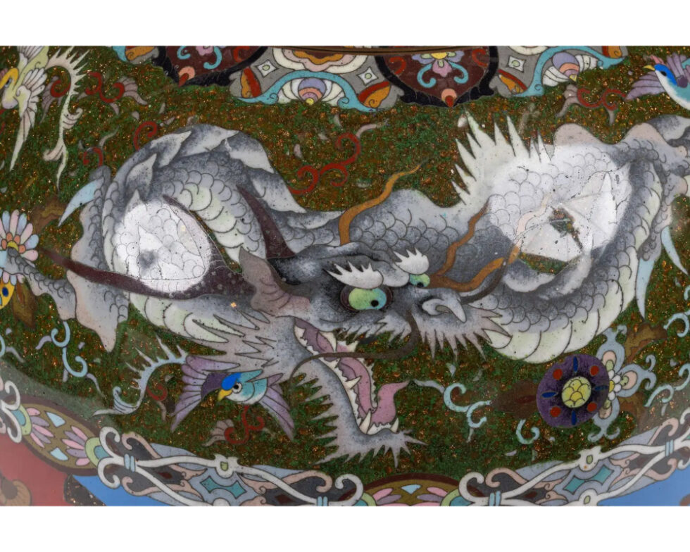 Majestic Japanese Cloisonne Enamel Covered Jar with Dragons, Theater Characters - Image 7