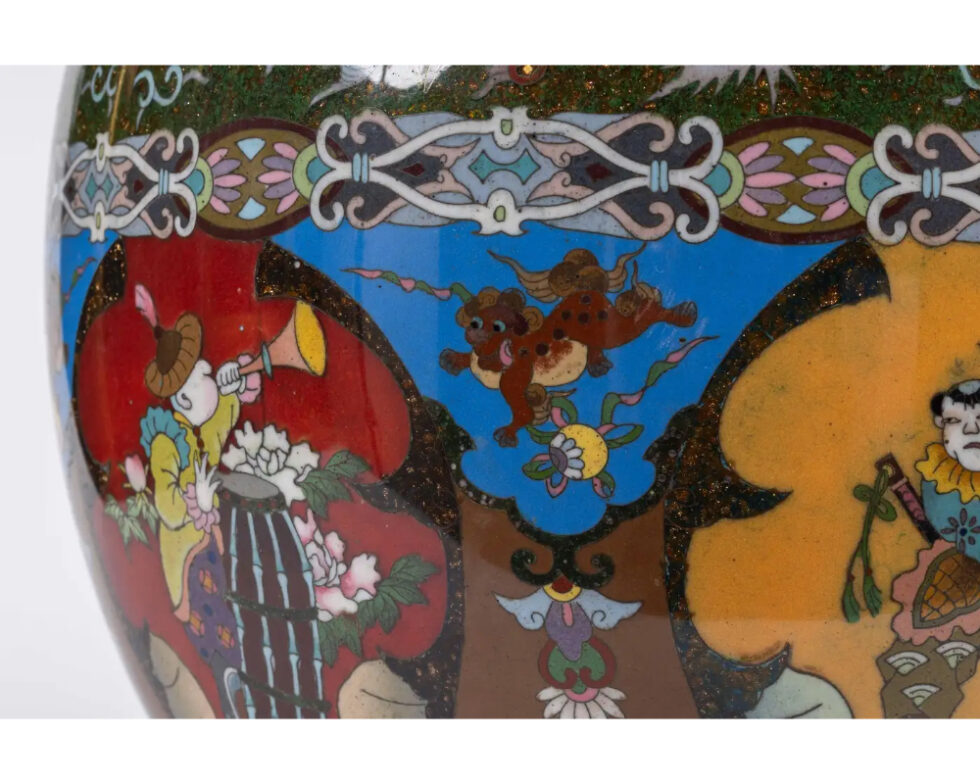 Majestic Japanese Cloisonne Enamel Covered Jar with Dragons, Theater Characters - Image 9