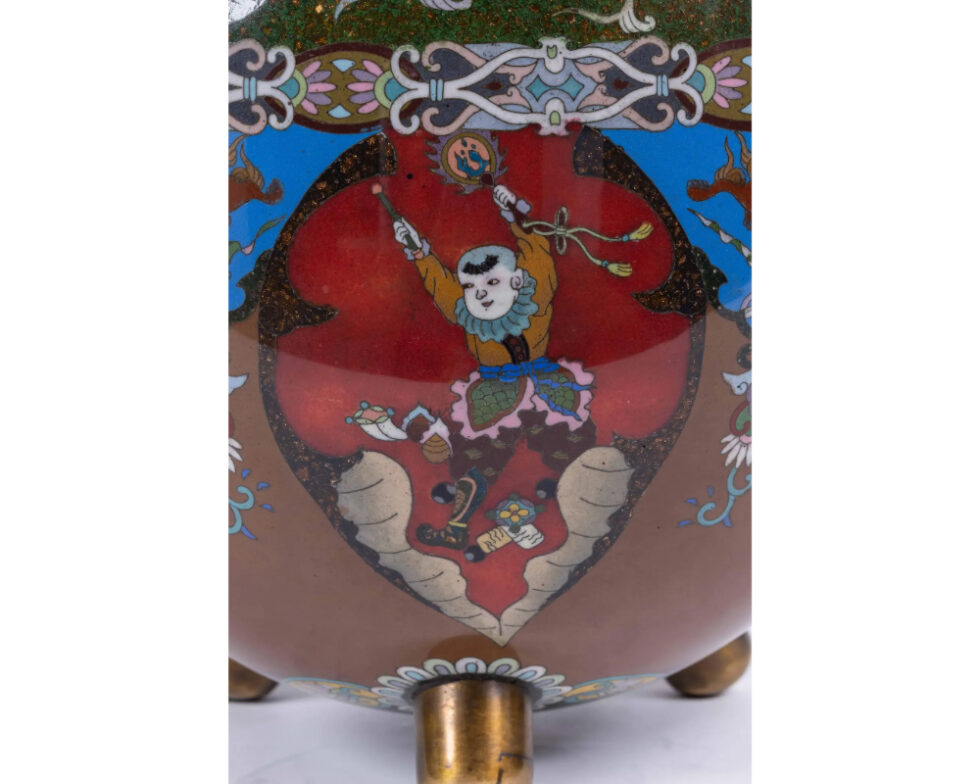 Majestic Japanese Cloisonne Enamel Covered Jar with Dragons, Theater Characters - Image 12