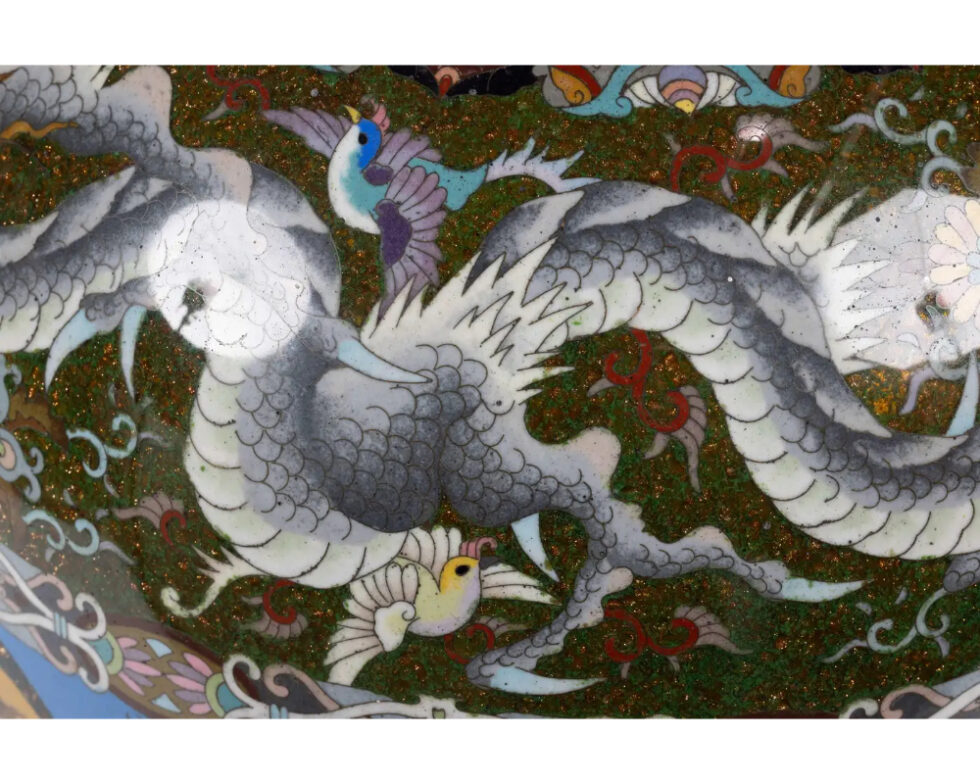 Majestic Japanese Cloisonne Enamel Covered Jar with Dragons, Theater Characters - Image 17