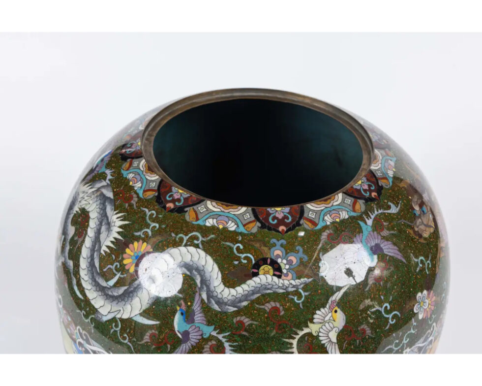 Majestic Japanese Cloisonne Enamel Covered Jar with Dragons, Theater Characters - Image 18