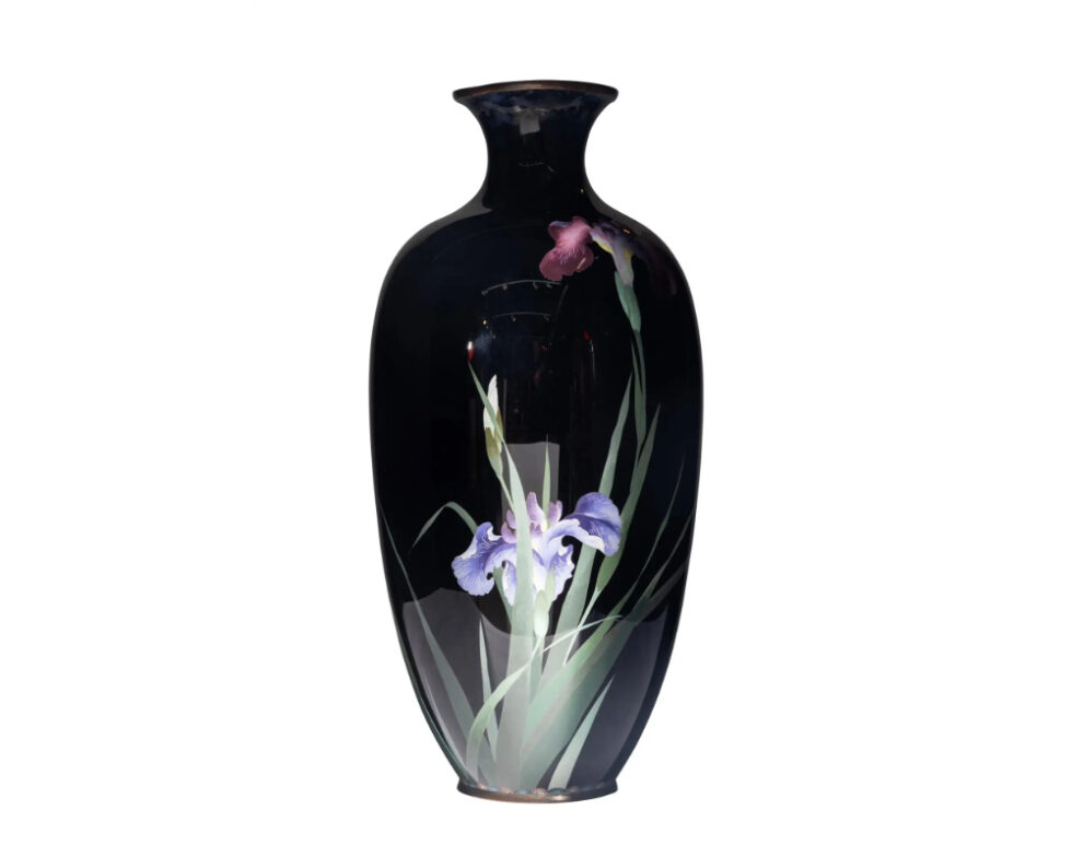 Large Meiji Period Japanese Cloisonne Enamel Vase Adorned with Iris Blossoms - Image 3