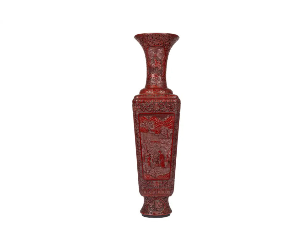 A Monumental and Rare Pair of Chinese Cinnabar Carved Lacquer Vases, Qianlong - Image 2