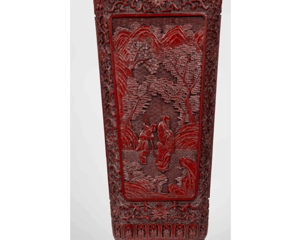 A Monumental and Rare Pair of Chinese Cinnabar Carved Lacquer Vases, Qianlong - Image 3