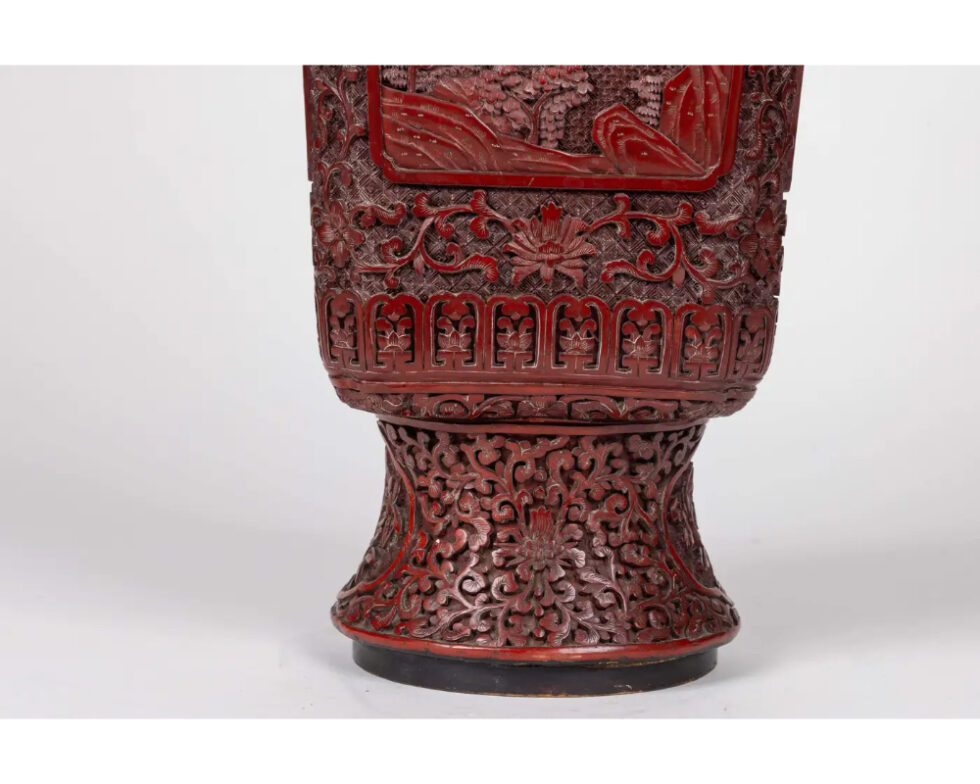 A Monumental and Rare Pair of Chinese Cinnabar Carved Lacquer Vases, Qianlong - Image 4