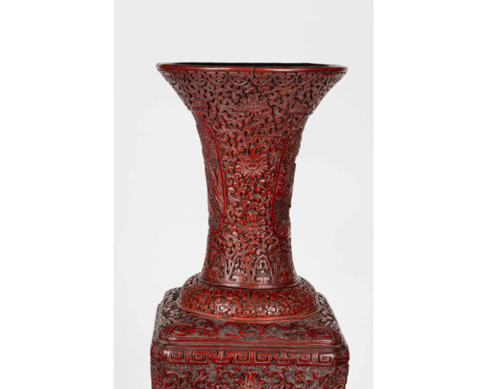 A Monumental and Rare Pair of Chinese Cinnabar Carved Lacquer Vases, Qianlong - Image 5