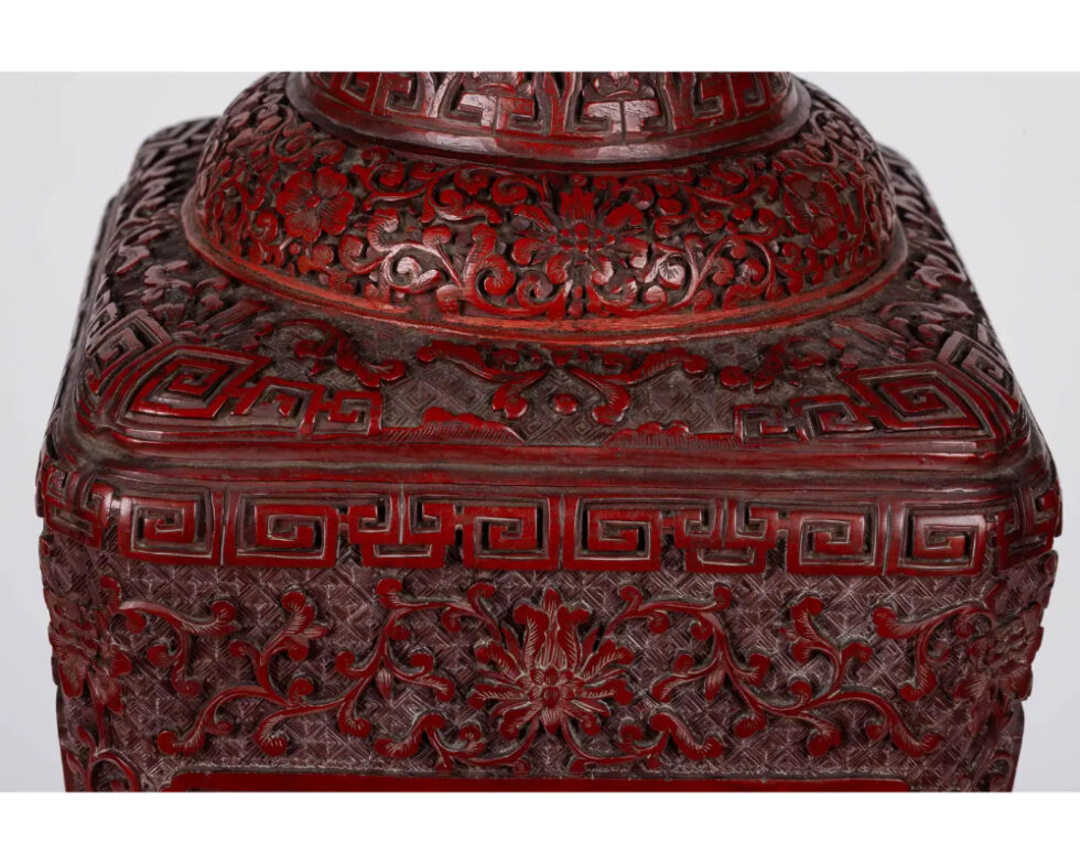 A Monumental and Rare Pair of Chinese Cinnabar Carved Lacquer Vases, Qianlong - Image 6