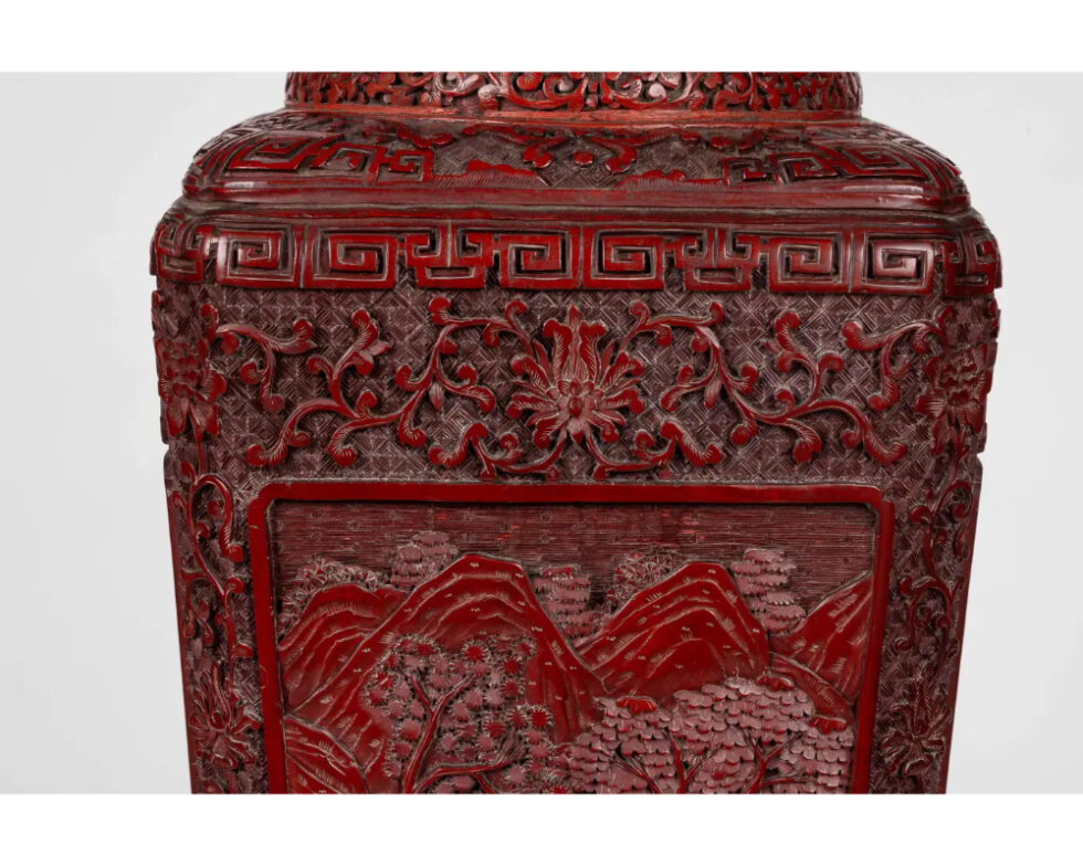A Monumental and Rare Pair of Chinese Cinnabar Carved Lacquer Vases, Qianlong - Image 8