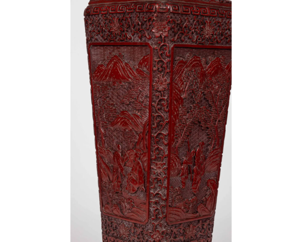 A Monumental and Rare Pair of Chinese Cinnabar Carved Lacquer Vases, Qianlong - Image 9
