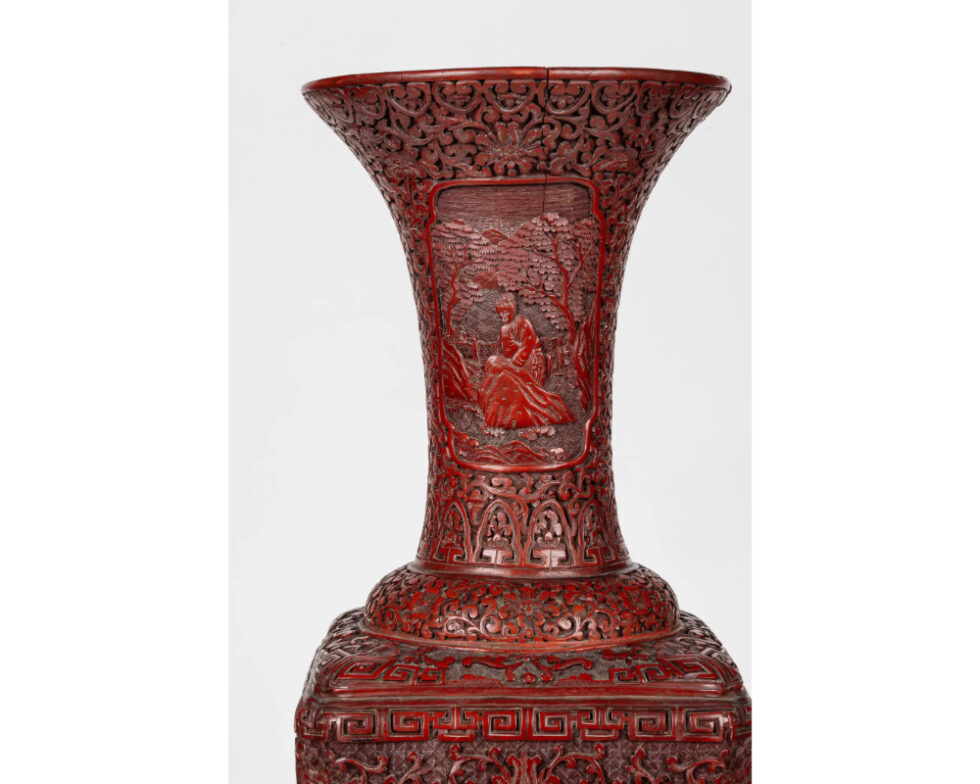 A Monumental and Rare Pair of Chinese Cinnabar Carved Lacquer Vases, Qianlong - Image 11