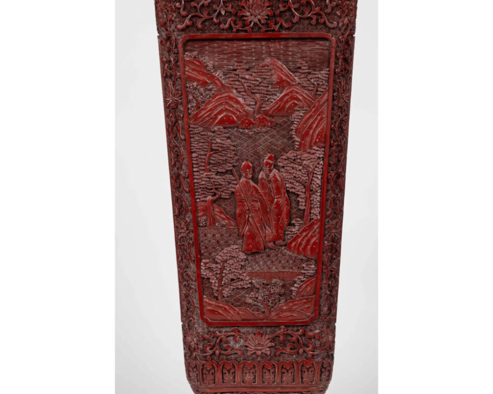 A Monumental and Rare Pair of Chinese Cinnabar Carved Lacquer Vases, Qianlong - Image 12
