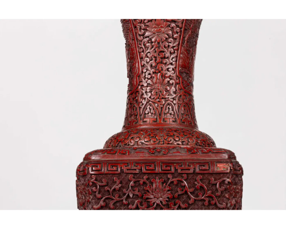 A Monumental and Rare Pair of Chinese Cinnabar Carved Lacquer Vases, Qianlong - Image 13