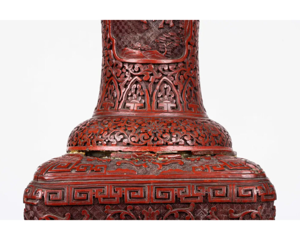 A Monumental and Rare Pair of Chinese Cinnabar Carved Lacquer Vases, Qianlong - Image 20