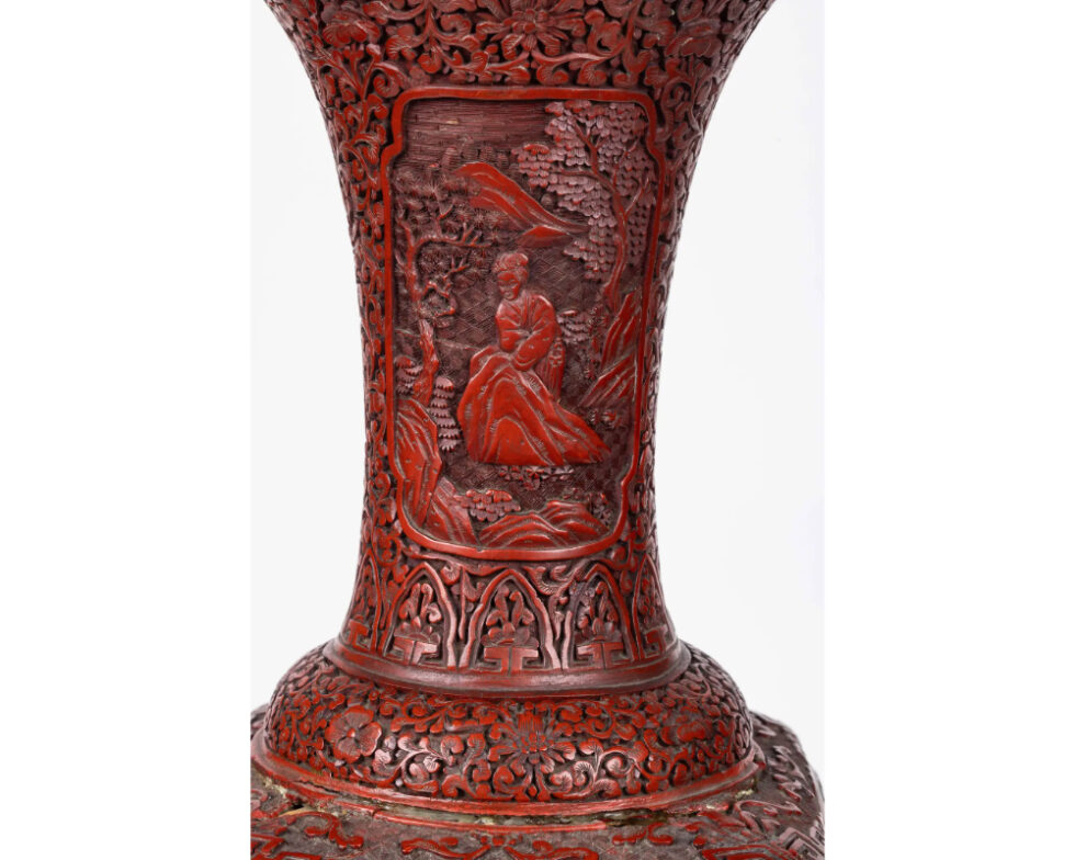 A Monumental and Rare Pair of Chinese Cinnabar Carved Lacquer Vases, Qianlong - Image 23