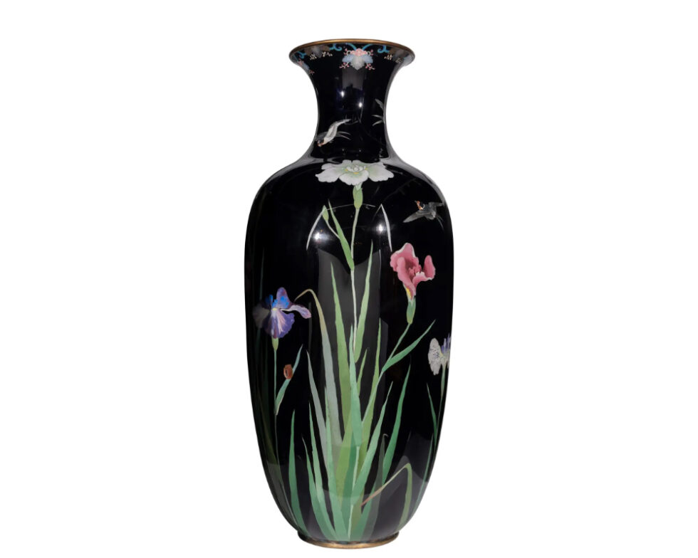 Palace-Sized Japanese Cloisonne Enamel Vase Adorned with Irises and Sparrows - Image 2