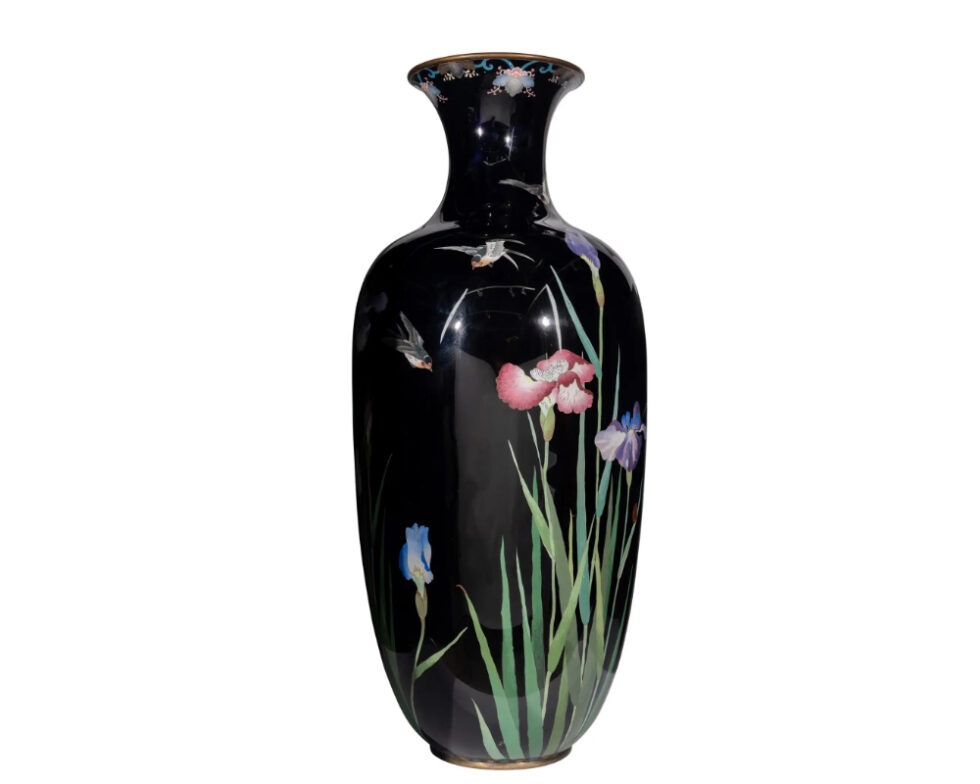 Palace-Sized Japanese Cloisonne Enamel Vase Adorned with Irises and Sparrows - Image 3