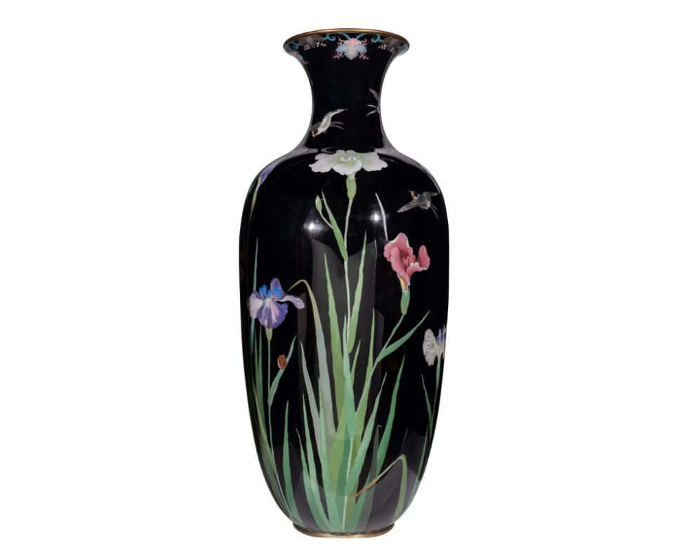 Palace-Sized Japanese Cloisonne Enamel Vase Adorned with Irises and Sparrows - Image 6
