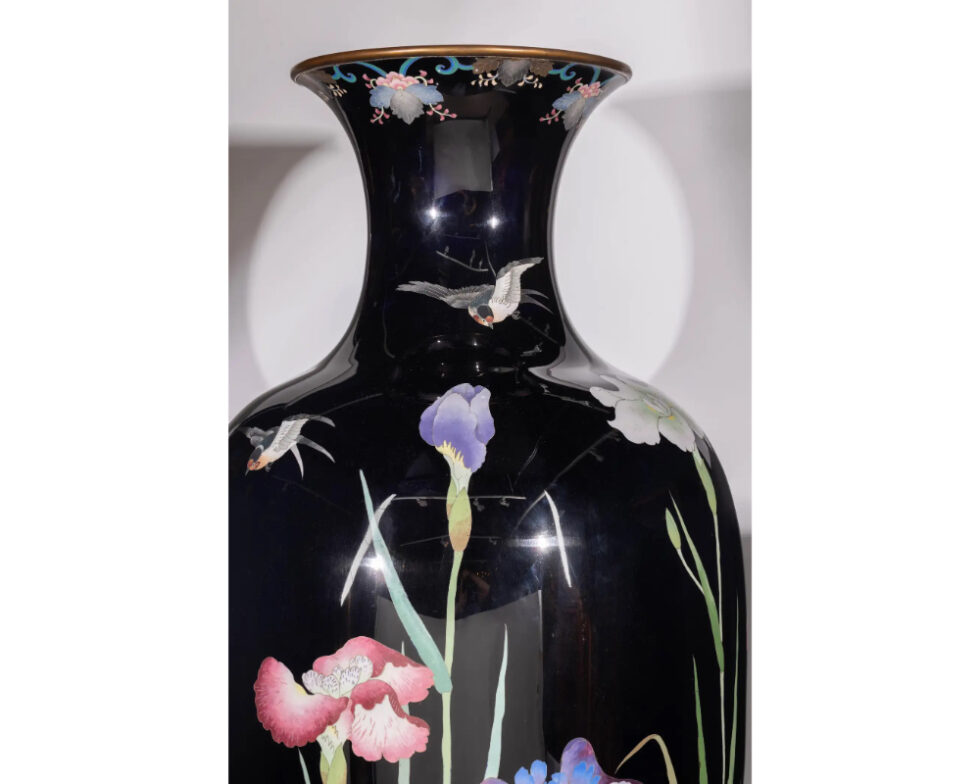 Palace-Sized Japanese Cloisonne Enamel Vase Adorned with Irises and Sparrows - Image 9